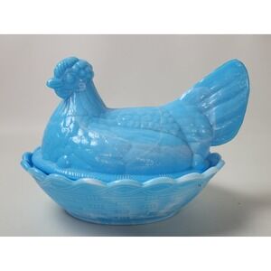 Fenton Blue Slag Glass Hen on Nest Candy Dish Marbled Blue White Farmhouse Decor